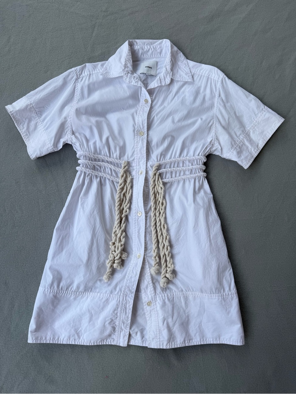AKNVAS Fiona Mini Dress Sz 0 Pearl White Poplin Silhouette Full Button Tie Waist